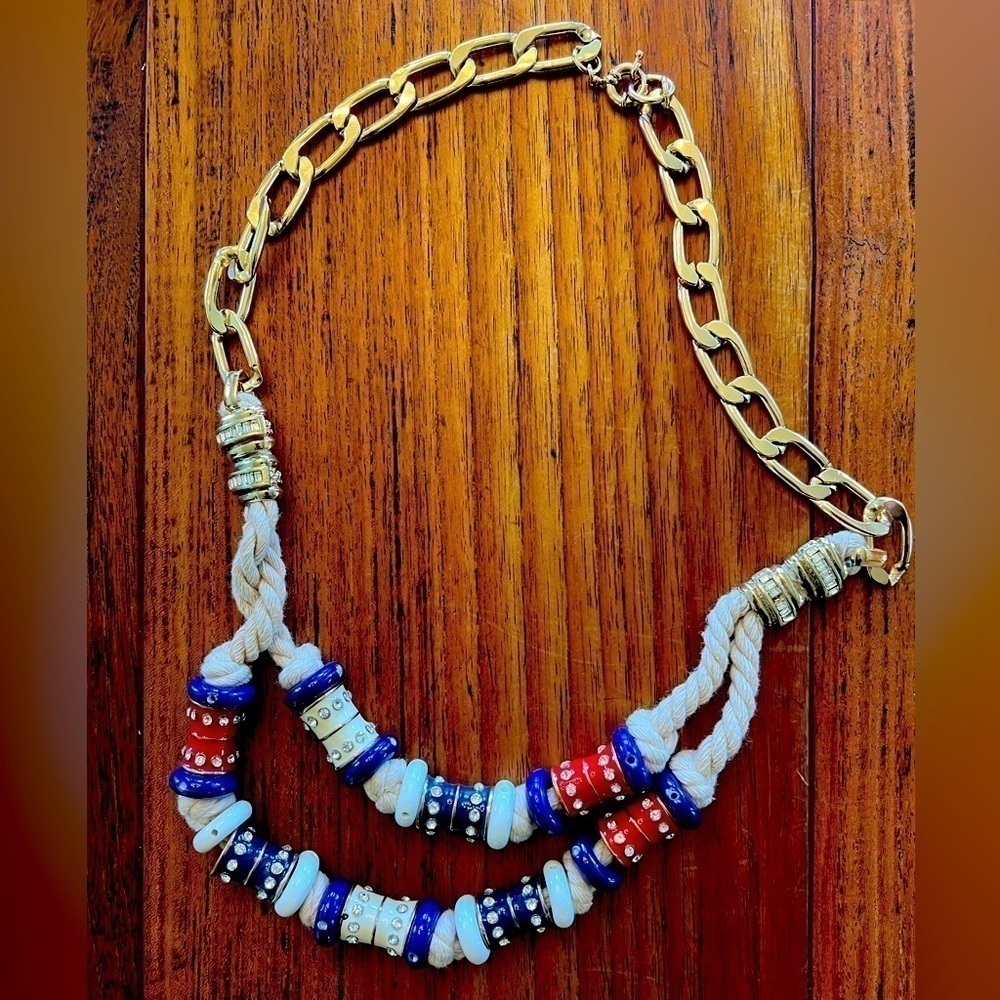 Vintage Gold Link Rope with Beads Patriotic Necklace 14" Length